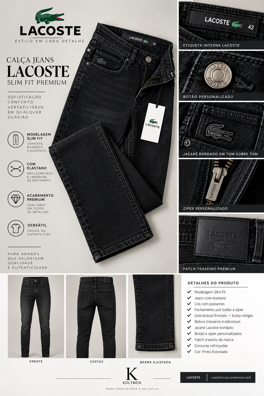 Calça Jeans Lacoste Slim Fit Premium Preta Estonada