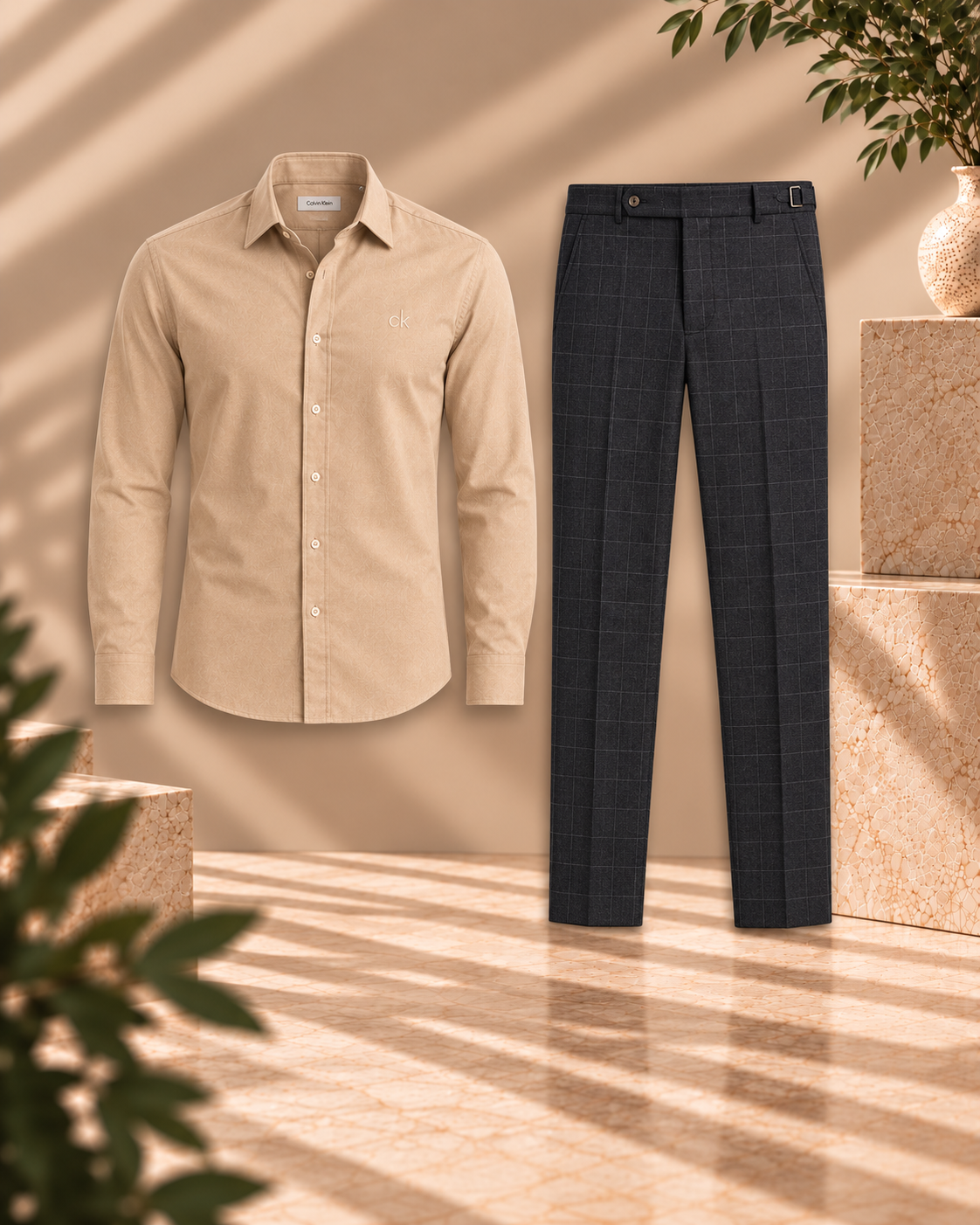 Kit Linha Alfaiataria – Camisa CK Bege + Calça TW
