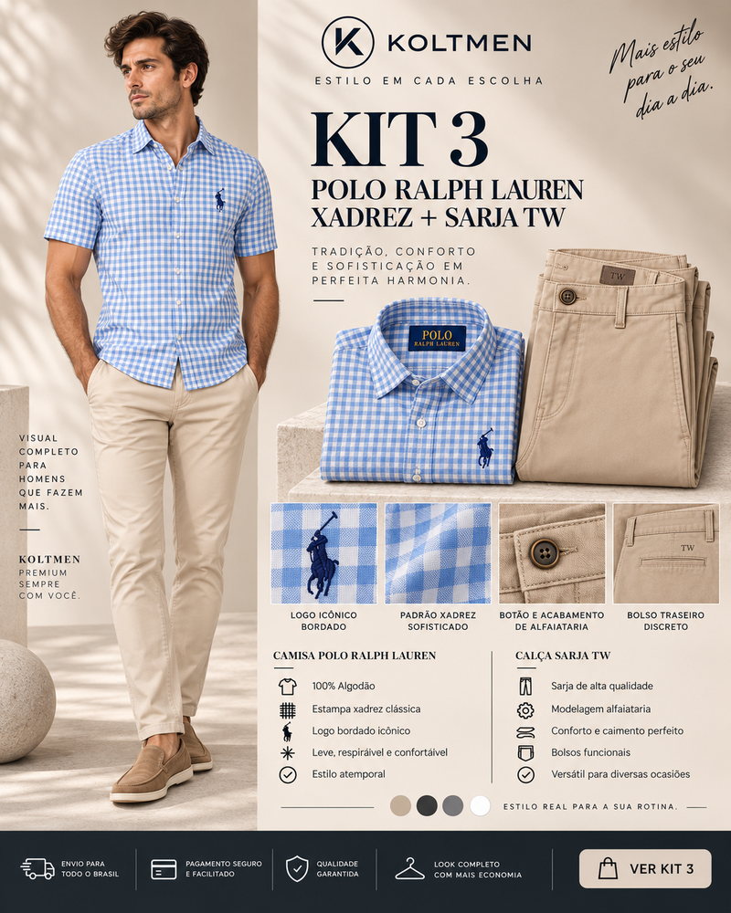 Kit Linha Luxo Premium – Camisa Polo Ralph Lauren Xadrez + Calça TW