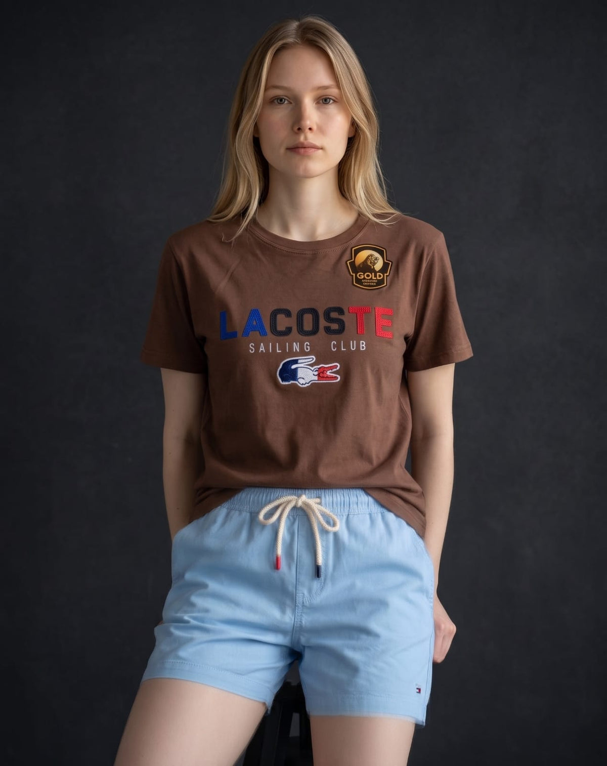 Kit Premium Lacoste marrom com short Tommy Hilfiger azul claro