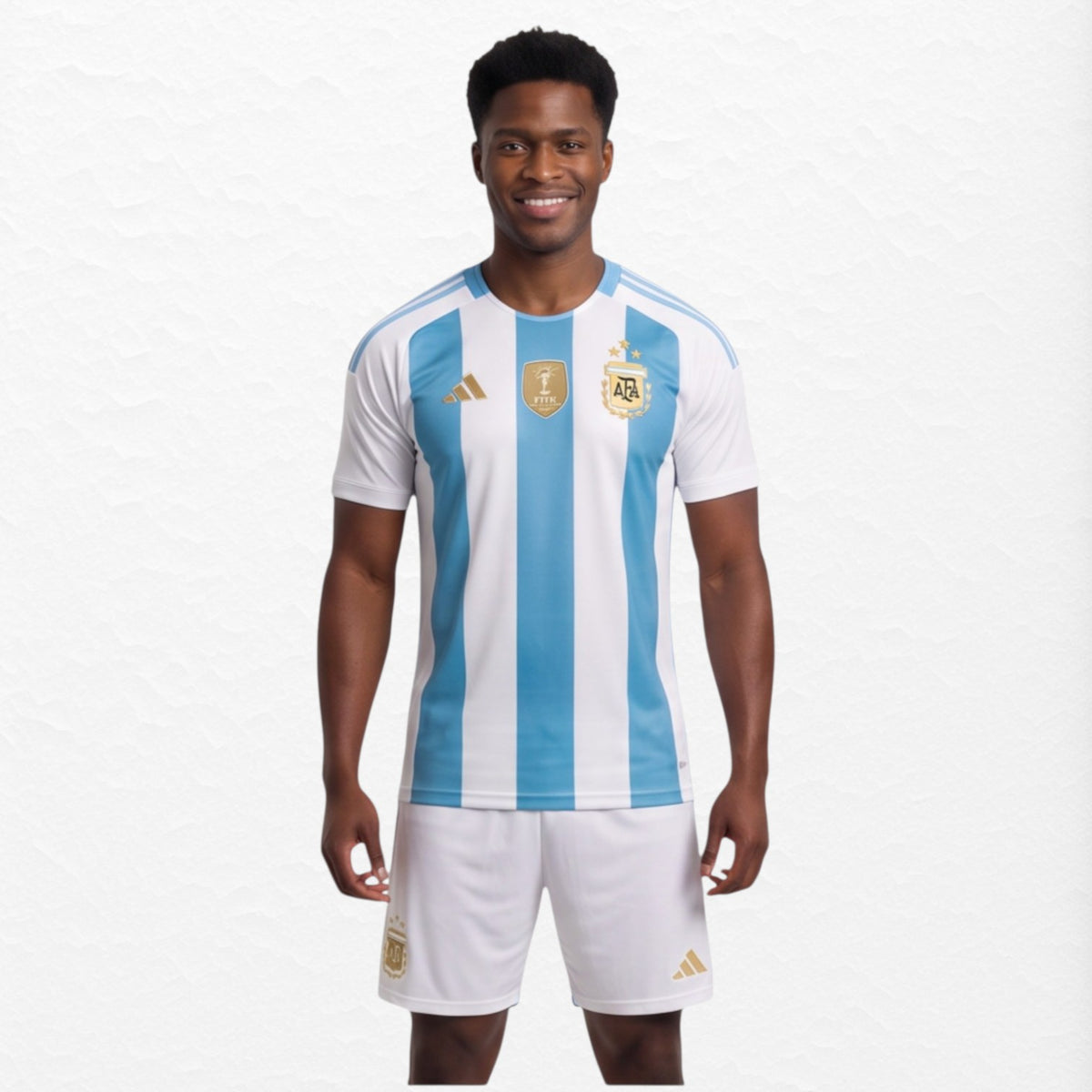Camisa oficial da Seleção Argentina Kolt Men com listras azul celeste e branco, escudo AFA e emblema de campeão mundial.